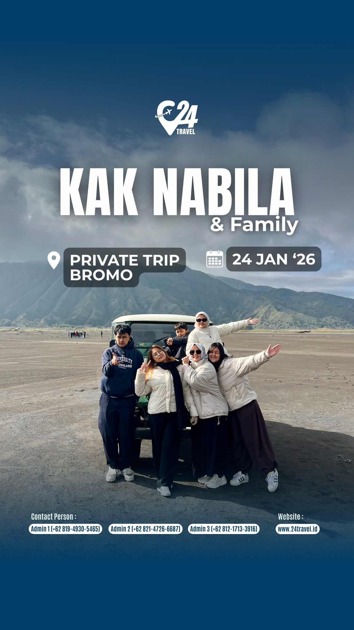 Waktu bersama keluarga tak perlu jauh, yang penting bermakna.
Bromo menghadirkan momen tenang untuk saling berbagi cerita.
Yuk, jadwalkan perjalanan hangat yang bisa dikenang sepanjang waktu.Info promo & konsultasi klik link bio 👉 @24travel.id#24travel #semuabisaliburan #paketwisatabromo #tripbromo
