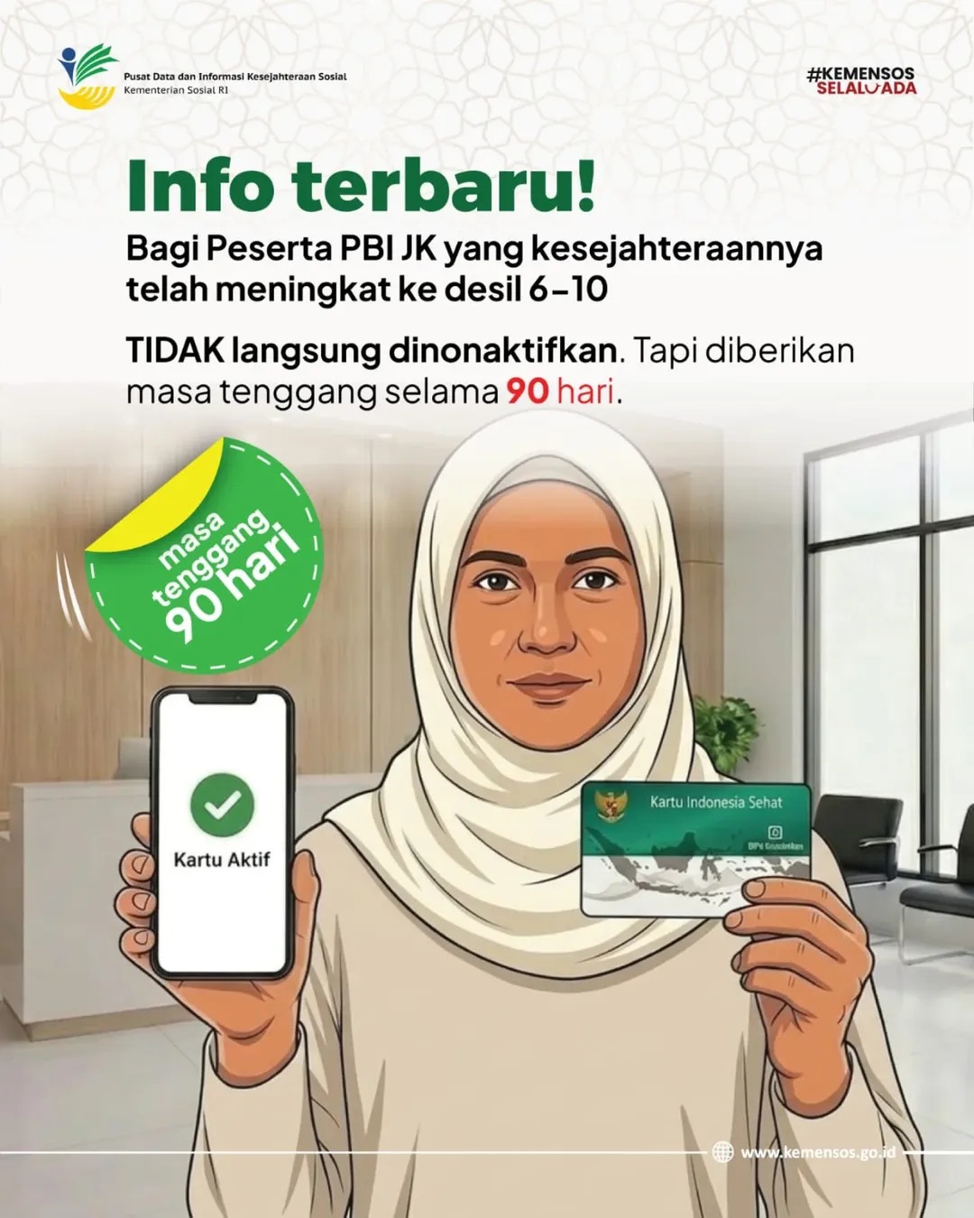 Info terbaru!
Bagi Peserta PBI JK yang kesejahteraannya telah meningkat ke desil 6-10
Tidak langsung dinonaktifkan. Tapi diberikan masa tenggang selama 90 hari
Manfaatkan masa tenggang untuk:
1. Beralih ke segmen mandiri jika sudah mampu, atau
2. Melakukan pembaruan DTSEN jika merasa desilnya tidak sesuai.
PBI JK hanya untuk keluarga tidak mampu pada desil 1-5. Mari dukung upaya bansos semakin tepat sasaran karena setiap ada satu bantuan yg dinikmati orang mampu disitu ada hak orang tidak mampu yang terampas.
Reposted from @pusdatinkesos