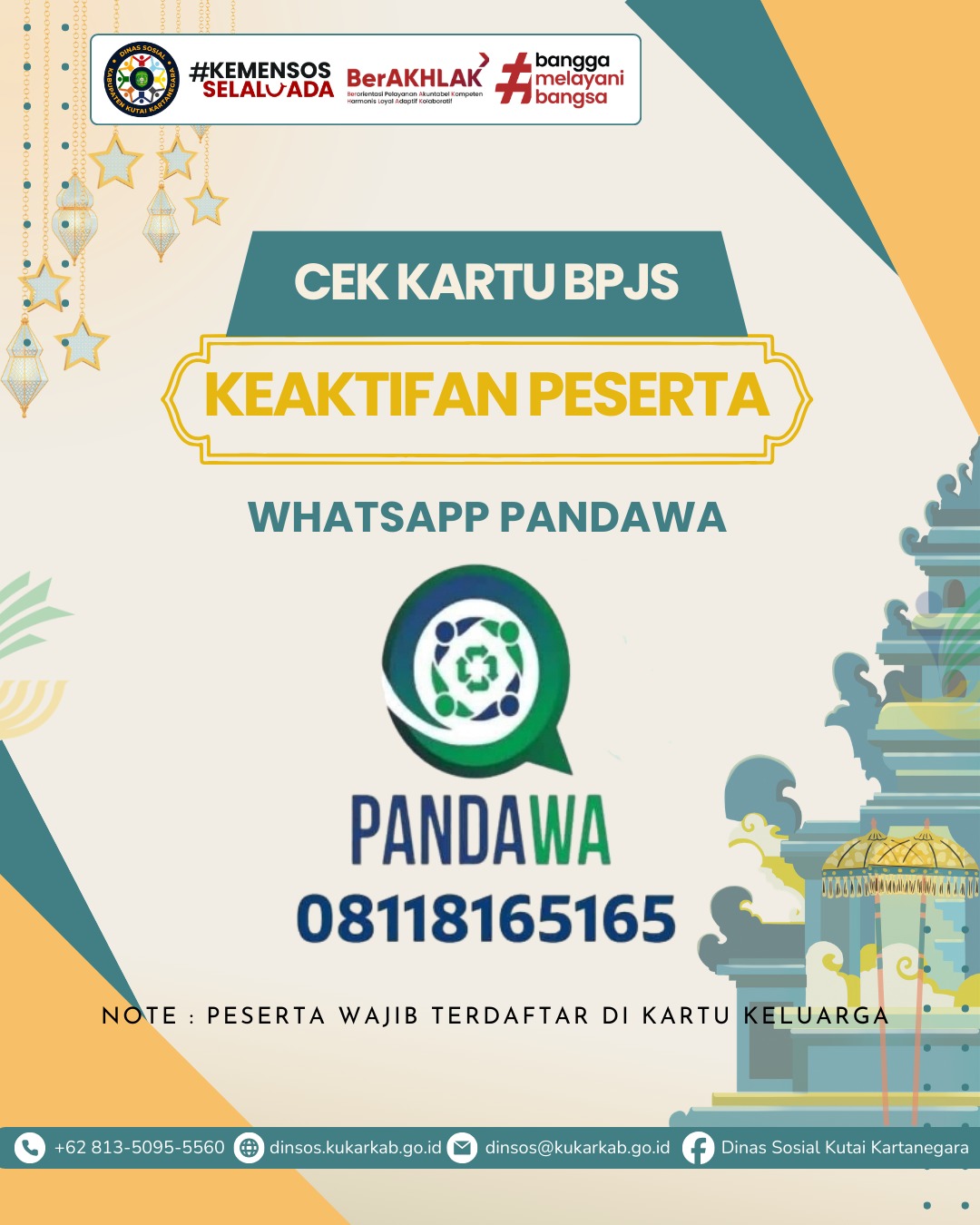📢 Pengumuman Jadwal Operasional Pelayanan JKN – Dinas Sosial Kukar
Pelayanan loket JKN BPJS Kesehatan di Dinas Sosial Kabupaten Kutai Kartanegara
Selama Libur Nasional Hari Raya Nyepi Tahun Baru Saka 1948 dan Hari Raya Idul Fitri 1447 H
👉 Pelayanan Pasien Darurat / Rawat Inap Tetap Buka
Selamat Berlibur.
#DinasSosialKukar #BPJSKesehatan #PelayananJKN #KutaiKartanegara