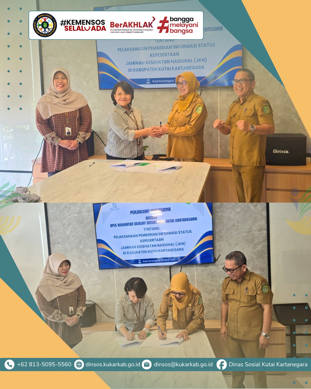 SAMARINDA, 30 Maret 2026 – BPJS Kesehatan bersama Dinas Sosial Kabupaten Kutai Kartanegara melaksanakan rekonsiliasi data peserta dan keuangan PBPU & BP Pemda Triwulan I. Kegiatan berlangsung di Meeting Room Decafe Resto and Pastry Samarinda, dengan agenda utama pembahasan data kepesertaan, keuangan, serta penandatanganan berita acara kesepakatan.
.
.
.
.
.
Selengkapnya di : https://dinsos.kukarkab.go.id/index.php/2026/03/30/kesepakatan-rekonsiliasi-data-pbpu-bp-pemda-tw-i-kukar-pastikan-uhc-95/