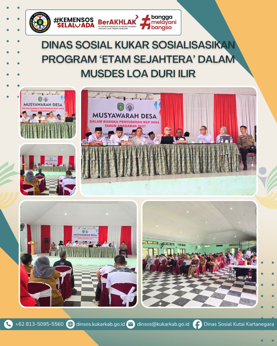 LOA JANAN, 13 Mei 2026 β Dalam upaya memperkuat jangkauan perlindungan sosial di tingkat desa, Kepala Dinas Sosial Kabupaten Kutai Kartanegara, Rinda Desianti, S.Sos., M.Si., hadir sebagai narasumber utama pada Musyawarah Desa (Musdes) Desa Loa Duri Ilir yang diselenggarakan oleh Badan Permusyawaratan Desa (BPD) pada Rabu, 13 Mei 2026. Kehadiran Kadis Sosial ini bertujuan untuk memberikan edukasi komprehensif mengenai berbagai skema bantuan sosial yang tersedia di wilayah Kutai Kartanegara, sekaligus menyelaraskan data kemiskinan desa dengan visi besar βKukar Idaman Terbaikβ dalam mewujudkan pemenuhan pelayanan dasar bagi seluruh lapisan masyarakat.
.
.
.
.
.
Selengkapnya di : https://dinsos.kukarkab.go.id/index.php/2026/05/14/dinas-sosial-kukar-sosialisasikan-program-etam-sejahtera-dalam-musdes-loa-duri-ilir/