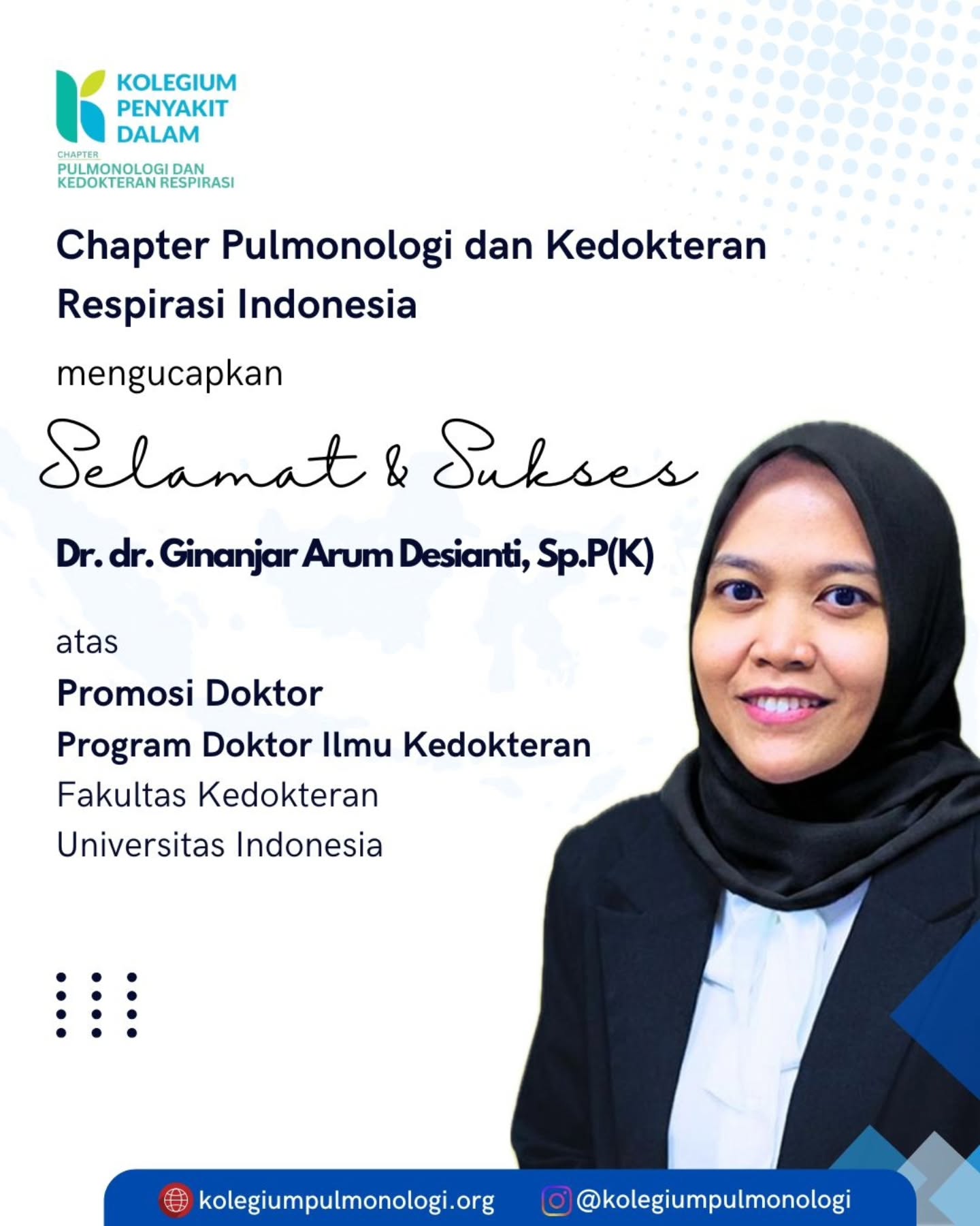 Chapter Pulmonologi dan Kedokteran Respirasi Indonesia mengucapkan selamat dan sukses kepada:
Dr. dr. Ginanjar Arum Desianti, Sp.P(K)
atas Promosi Doktor Program Doktor Ilmu Kedokteran, Fakultas Kedokteran Universitas Indonesia.
Semoga pencapaian ini menjadi langkah penting dalam pengembangan ilmu pengetahuan, pendidikan kedokteran, penelitian, serta peningkatan mutu pelayanan kesehatan respirasi di Indonesia.
🌐 kolegiumpulmonologi.org
📸 @kolegiumpulmonologi