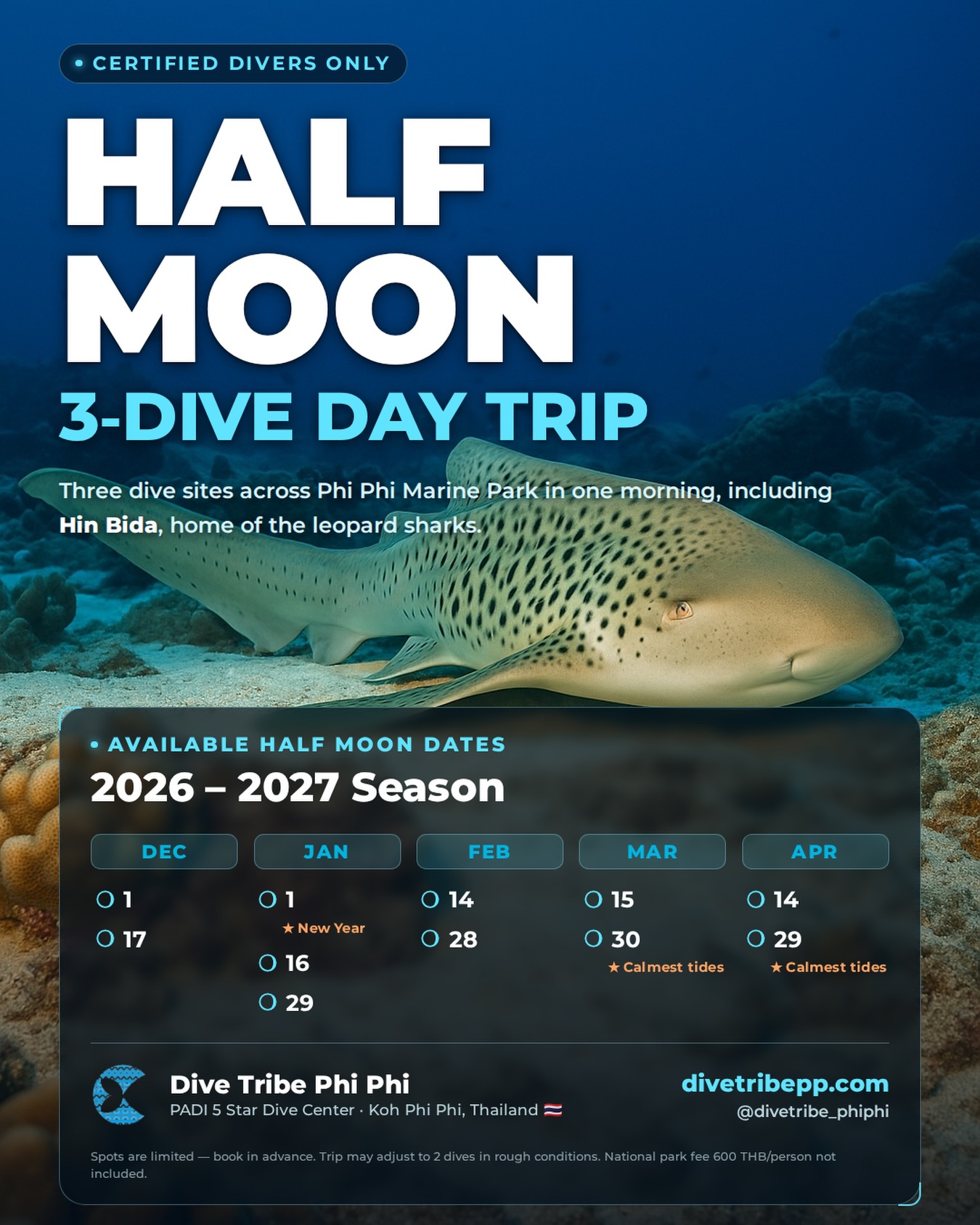 Half Moon 3-Dive Special Trip (High Season 2026–2027) 🌗
Dive Koh Phi Phi’s iconic sites — including Hin Bida — on our limited-date special, only on Half Moon days!
📅 Trip Dates (2026–2027):
Dec 1, 17
Jan 1 ⭐️(New Year Special), 16, 29
Feb 14, 28
Mar 15, 30 ⭐️(calmest tides)
Apr 14, 29 ⭐️(calmest tides)
✅ 3 dives • Small groups • Full-day boat trip
📩 Spots are limited — book early!
🔗 Book here: https://divetribepp.com/product/half-moon-3-dive-trip-phi-phi/
Dive Tribe Phi Phi Thailand🇹🇭
💬 WhatsApp: +66 95 649 8355
#KohPhiPhi #ScubaDivingThailand #HinBida #AndamanSea #HighSeason20262027