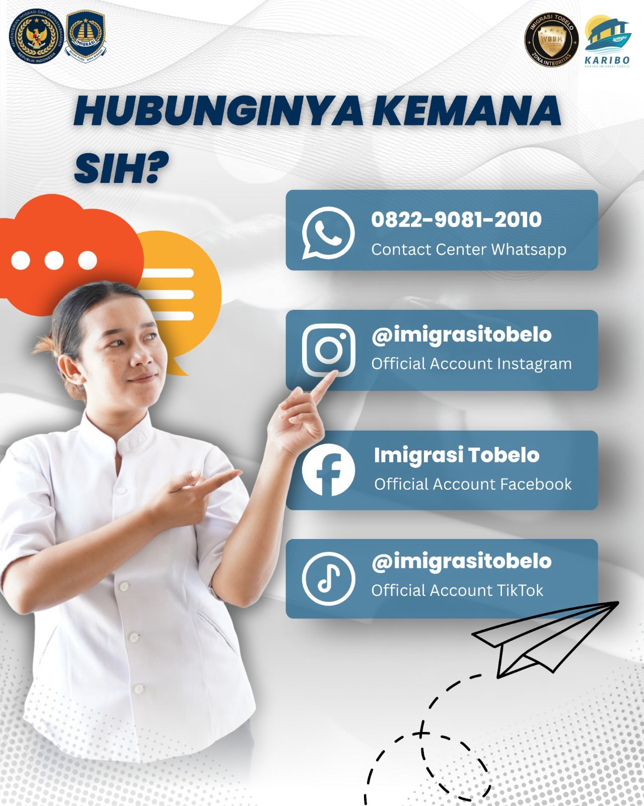 Hai Sobat Karibo! Jika ada saran dan pengaduan seputar keimigrasian, kalian bisa saja melalui Nomor 082290818010 atau bisa juga melalui media sosial kami ya...
#kemenimipas #ditjen_imigrasi #visa #paspor #hendarsammarantoko