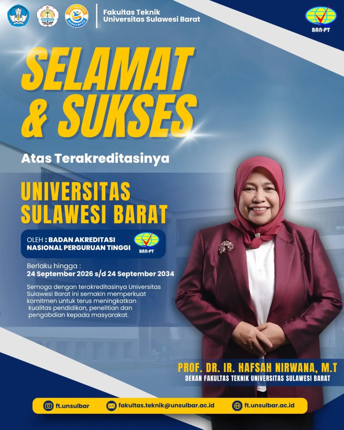 ๐ SELAMAT & SUKSES
Fakultas Teknik Universitas Sulawesi Barat mengucapkan selamat dan sukses atas diraihnya Akreditasi Institusi Universitas Sulawesi Barat oleh Badan Akreditasi Nasional Perguruan Tinggi (BAN-PT).
Semoga capaian ini semakin memperkuat komitmen seluruh civitas akademika dalam menghadirkan pendidikan tinggi yang berkualitas dan berkelanjutan.
Selamat dan sukses untuk Universitas Sulawesi Barat! ๐โจ
#ftunsulbar #fakultasteknikunsulbar #unsulbar ๐ SELAMAT & SUKSES
Fakultas Teknik Universitas Sulawesi Barat mengucapkan selamat dan sukses atas diraihnya Akreditasi Institusi Universitas Sulawesi Barat oleh Badan Akreditasi Nasional Perguruan Tinggi (BAN-PT).
Semoga capaian ini semakin memperkuat komitmen seluruh civitas akademika dalam menghadirkan pendidikan tinggi yang berkualitas dan berkelanjutan.
Selamat dan sukses untuk Universitas Sulawesi Barat! ๐โจ
#ftunsulbar #fakultasteknikunsulbar #unsulbar